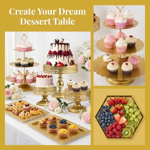 Jucoan 10 Pieces Gold Metal Cake Stand Set, Cupcake Holder Pastry