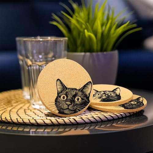 Coasters for Drinks with Holder Set of 6, Curious Cat Cork Coaster