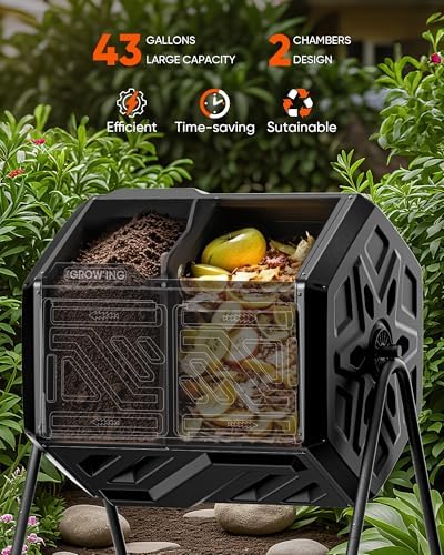 THE Growing 43 Gal Outdoor Compost Bin Tumbler, Black