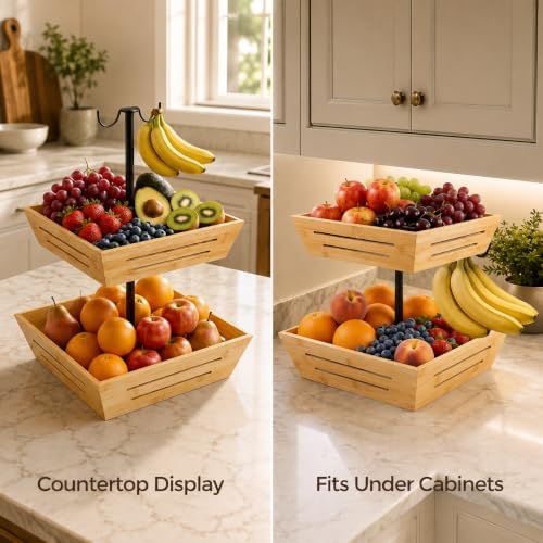 G.a HOMEFAVOR 2-Tier Bamboo Square Fruit Basket for Kitchen Countertop