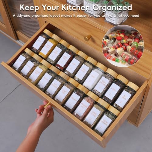 Spice Drawer Organizer with 20 Spice Jars and 184 Labels for Kitchen