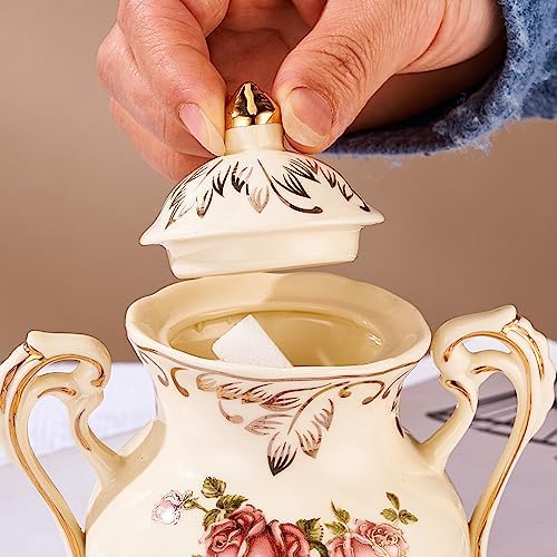 YOLIFE Ceramic Sugar and Creamer Set, Vintage Sugar Bowl (Pink Rose)