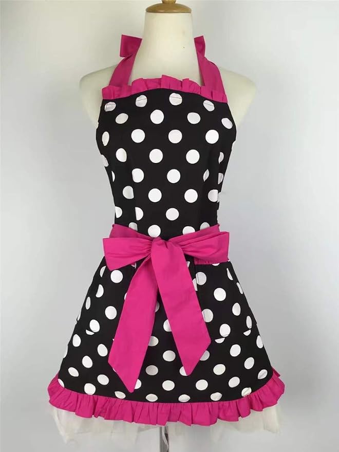 Hyzrz Cute Apron Retro Black Polka Dot Retro Ruffle Side Vintage Cooking Aprons - Image 2