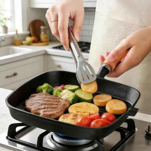 Cast Iron Grill Pan, 9 inch Griddle Pan Skillet with Wooden Handle, Kitchen Tong & Oil Brush included