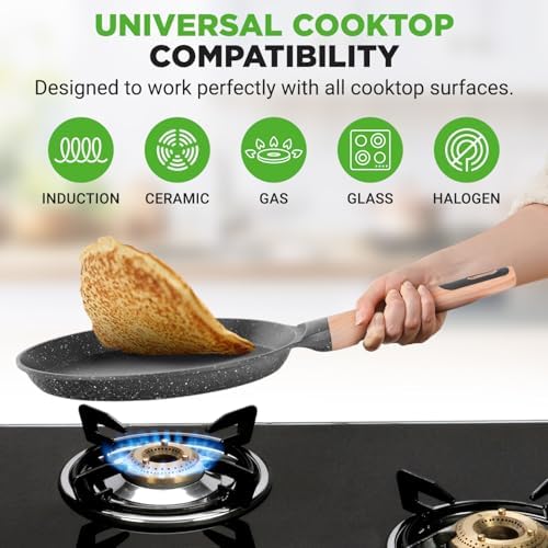 NutriChef 9.45” Non-Stick Crepe Pan with Wooden Spreader, Durable