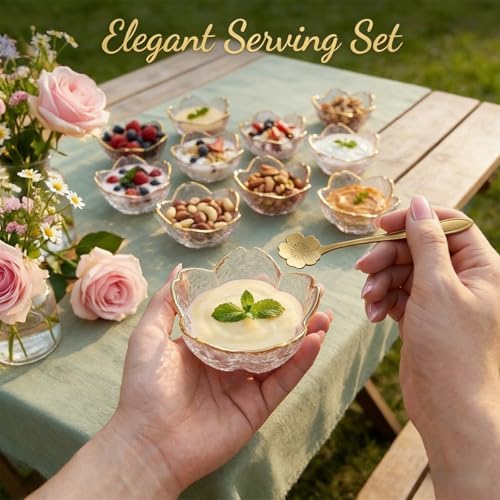 3.3“ Small Sakura Dipping Bowls Set with Gold Spoons,Clear Glass Sauce