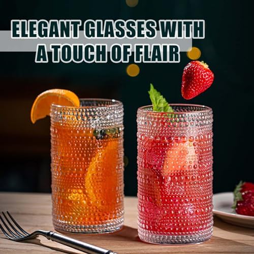 Drinking Glasses, 8 pcs Embossed Designed Glass Cups, 12oz Highball