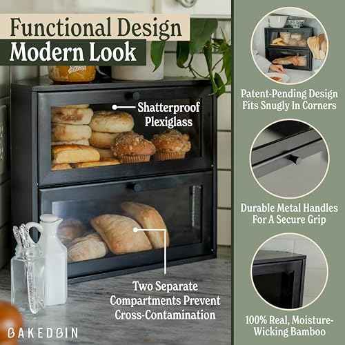 Corner Bread Box for Kitchen Countertop - New 2026 Airtight Design - Extra Large, Double Layer Black BreadBox, Vintage Storage for Homemade Bread, Under Cabinet Organizer