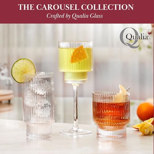 Qualia Carousel Highball Glasses Set of 4 Ribbed Glass Cups 18 oz