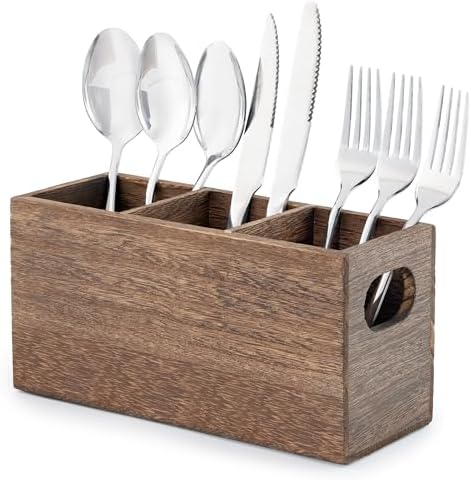 Wooden Utensil Holder Organizer for countertop, 3 Compartment Cutlery Caddy