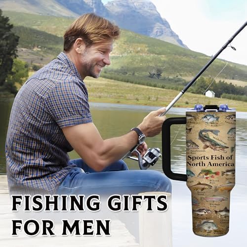 Fish Gifts for Dad, 40oz Tumbler with Handle and Straw, Fishing Gifts