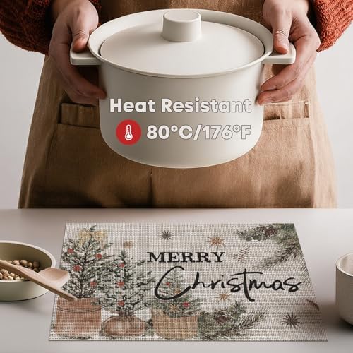 Artoid Mode Xmas Trees Holly Pine Cone Vinyl Christmas Placemats Set