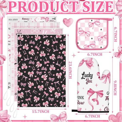 Fourluoo 8 Pcs Pink Bow Kitchen Towels Oven Mitts and Pot Holders Sets