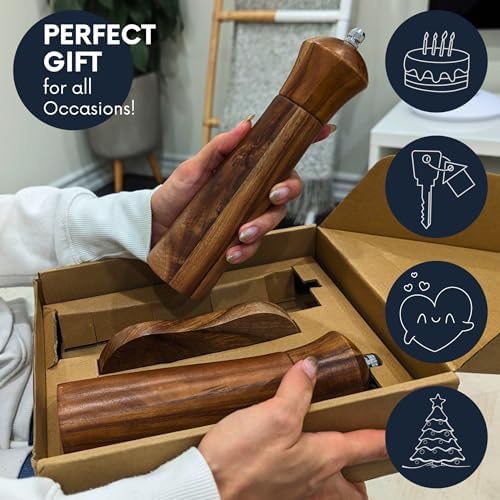 Wooden Salt and Pepper Grinder Set with Tray, 8 Inch, Set of 2