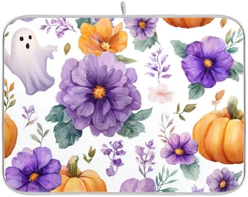 OTVEE Halloween Purple Art Dish Drying Mat for Kitchen Counter