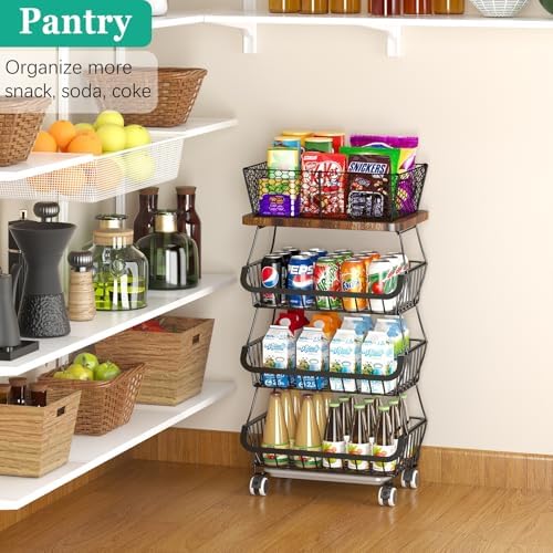 CHLORYARD Fruit Basket with Wooden Lid for Kitchen, 4-Tier Stackable