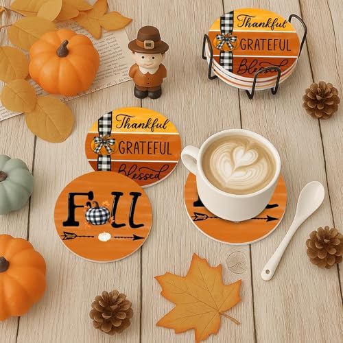 Fall Coasters for Drinks, Set of 6, Ceramic Stone Pumpkins