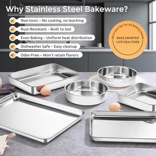 E-far Stainless Steel Baking Pan Set, 6-Piece Metal Bakeware Sets