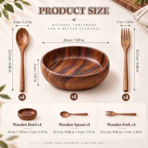 12 Pcs Acacia Wooden Dinnerware Set, 4 Pcs Salad Bowl with Serving
