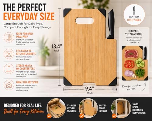 Bamboo Cutting Board with Knife Set, 13.4 x 9.4 Inch Wooden Chopping