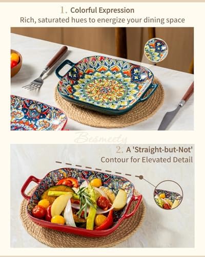 Besmeety Square Pasta Bowls with Handle, Boho Salad Serving Bowls Set of 2, Ceramic 7.09" Pasta Plates for Housewarming Present, Party (Green+Red)