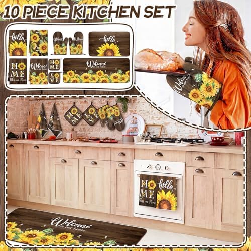 Fourluoo 10 Pcs Sunflower Kitchen Set Kitchen Towels and Rugs Mats