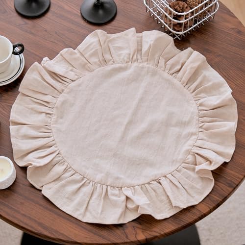 vctops 15 Inch Boho Apricot Cotton Placemats Set of 4, Round Ruffles