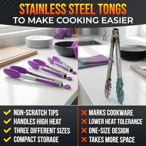 Kitchen Tongs Set, 3-Piece, 7/9/12-Inch, Purple