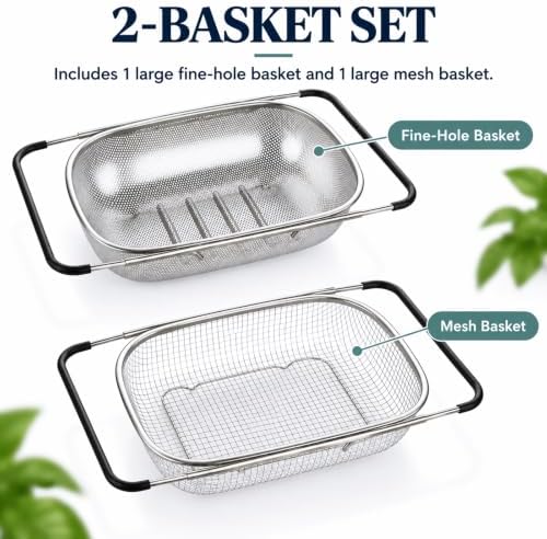 2PCS Over the Sink Colander, Expandable Stainless Steel Colander