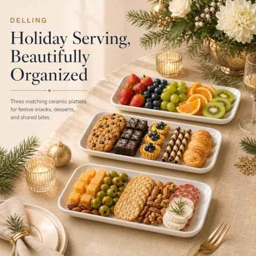 DELLING 14 Inch Large Serving Platter Set of 3, White Porcelain Serving Trays for Entertaining, Rectangular Platters for Turkey Meat Appetizer Party, Oven Microwave Dishwasher Safe Dinnerware