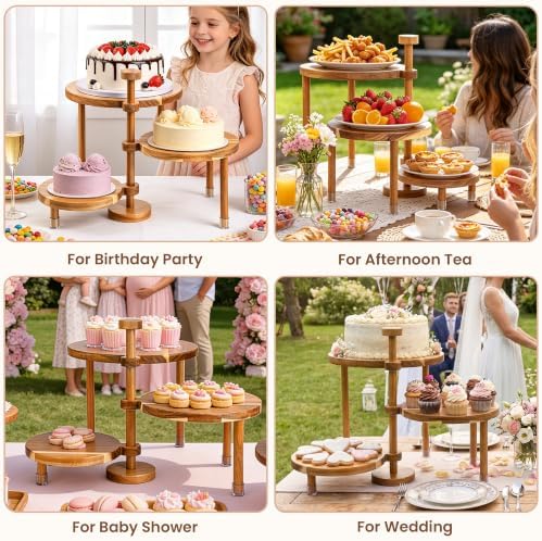 LOVYANXUE Acacia Wooden Cupcake Stand, 3 Tier Round Cake Stand 360°