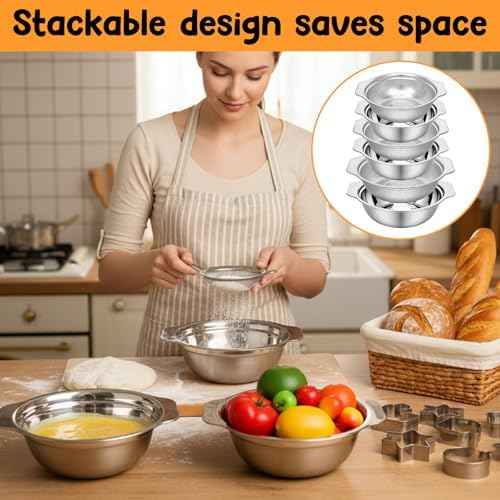 7Pcs Stainless Steel Colander Set, Rice Strainer with Mixing Bowl, 3/4/5QT Large Capacity Microporous Colander with Handle, Mesh Strainer for Washing and Draining Vegetables, Fruit, Dishwasher Safe