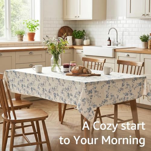 jinchan Blue Farmhouse Floral Linen Rectangle Table Cloth 52 x 70 Inch