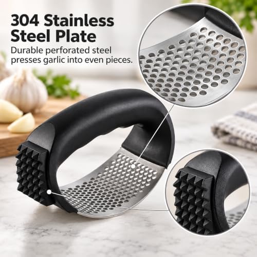 Garlic Press Rocker, 304 Stainless Steel Crusher Set, 3-Piece,Black