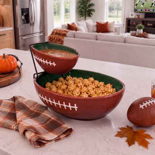 Domensi Ceramics 2 Tier Football Chip and Dip Bowl Serving Set with Stand