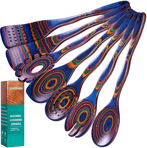 HOWHONG 7-Piece Pakkawood Cooking Utensils Set, Colorful Wooden Spoons