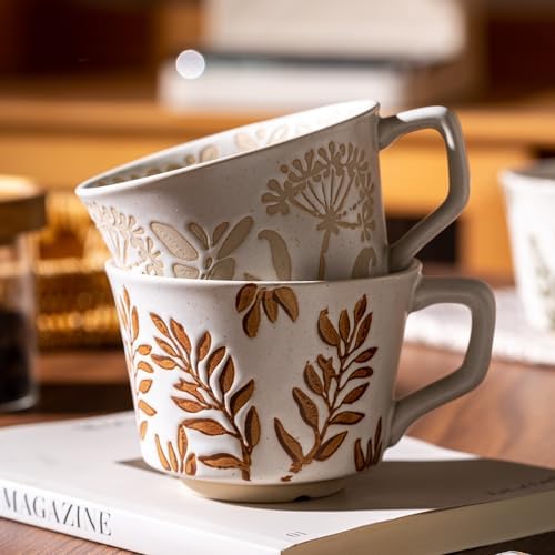Ceramic Mugs 11 oz Unique Luxurious Cups Set of 4 with Premium Spoon