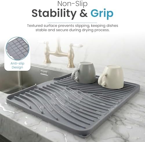 Silicone Dish Drying Mat 16" x 13", Built-In Drain, Non-Slip, Gray