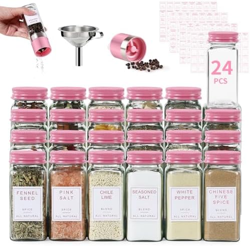 FavorFlavor 24pcs 4oz Glass Spice Jars with Labels & Pink Lids for
