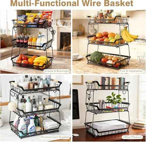 3 Tier Fruit Basket with 2 Banana Hangers for Kitchen Counter