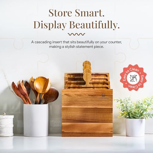 Homesphere Wooden Charcuterie Boards, Appetizer Tray for Parties & Cutting Board with Handle, Set of 4, Acacia Wood Board, Wine Gifts, Wine Accessories, Interlocking Puzzle Serving Tray w/Storage Box