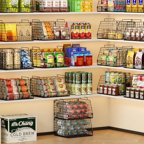 4 Pack XXL Stackable Wire Storage Basket, Extra Large Capacity Pantry Organizer and Storage, Muti-Purpose for Vegetable Fruit Basket & Can Organizer & Snack Rack & Metal Pantry Bin