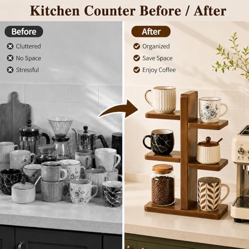 Coffee Mug Holder for Countertop, Wooden Coffee Mug Display Shelf