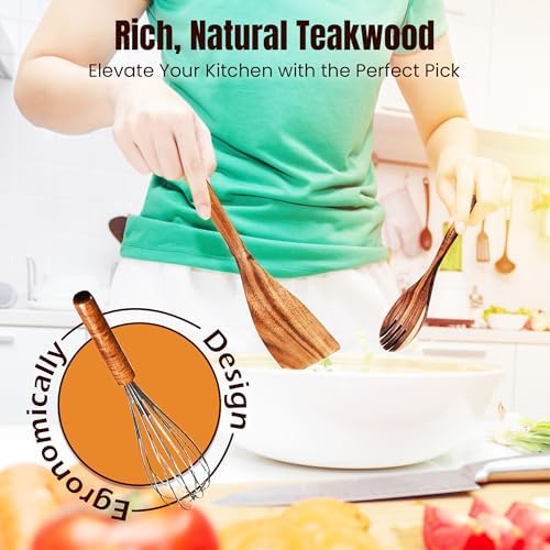 7 Pcs Natural Teak Wooden Spoons for Cooking, Kitchen Utensil Set