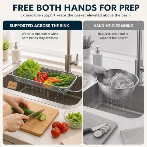 Stainless Steel Expandable Over-The-Sink Colander Basket Mesh Strainer