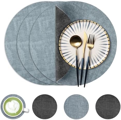 Fyvva Placemats Set of 4, 13" Round Reversible Faux Leather with