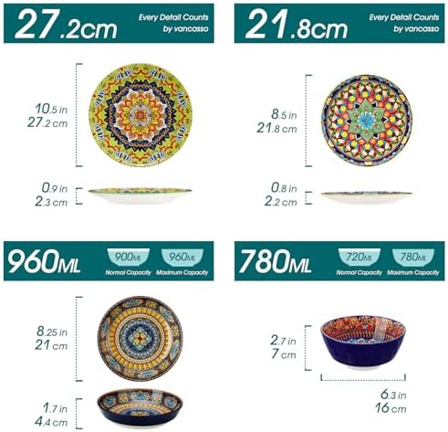 vancasso 24 Pieces Plates and Bowls Set, Bohemian Style Dinnerware Sets Service for 6, Porcelain Boho Dishes Set for Kitchen, Housewaring Gift, Dishwasher and Microwave Safe, Series KRVI