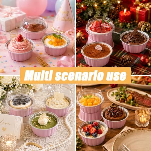 Lilaly 100 Pack 9oz Mini Cake Pans with Lids and Spoons, Round, Pink
