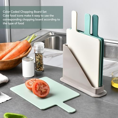 4pcs Cutting Board Set with Stand, Plastic Color Coded Design Cutting