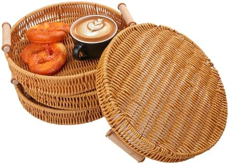 4 Pack 10.8 inch Round Rattan Tray, Round Woven Serving Basket with